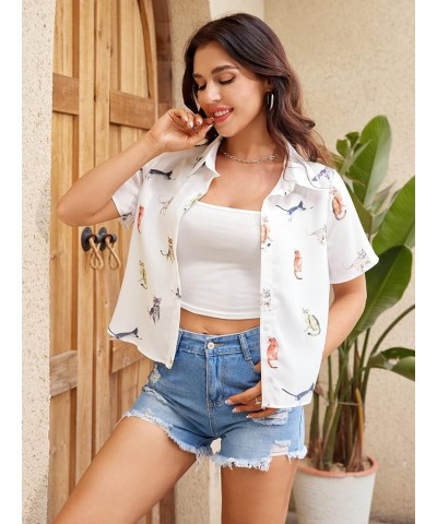 Women's Figure Print Button Down Shirt Graphic Pattern Short Sleeve Crop Tops Casual Blouses White Cat $11.79 Blouses