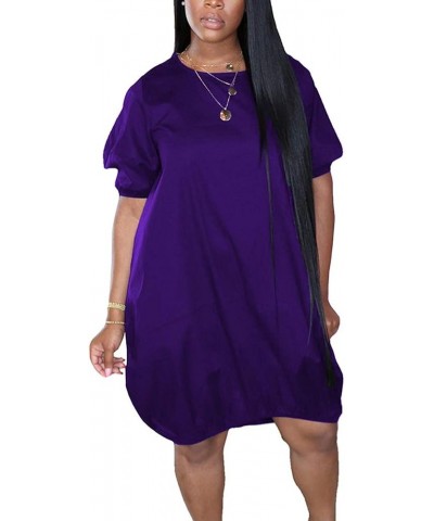 Women Summer Bubble Midi Dress Lantern Sleeve Solid Color Short Dress Clubwear Purple $11.28 Dresses