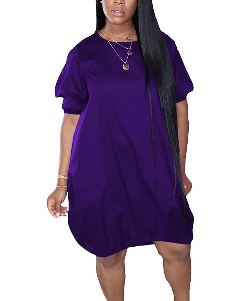 Women Summer Bubble Midi Dress Lantern Sleeve Solid Color Short Dress Clubwear Purple $11.28 Dresses