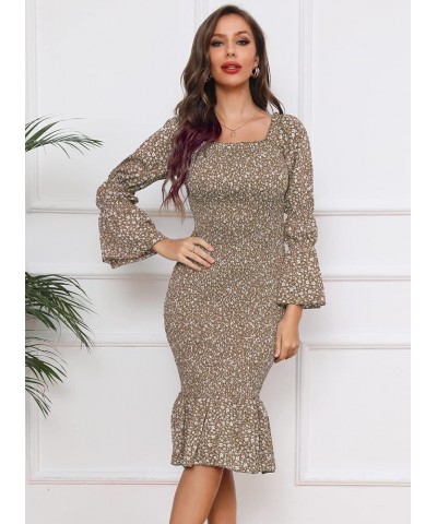 Women Square Neck Midi Bodycon Dress Floral Smocked Off Shoulder Puff Sleeve Ruffle Hem Mermaid Cocktail Party Dress A-khaki ...