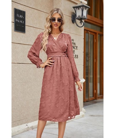 Women's 2023 Fall Floral Wedding Guest Dresses for Women Long Sleeve Belted A-Line Flowy Midi Dresses Red $15.91 Dresses