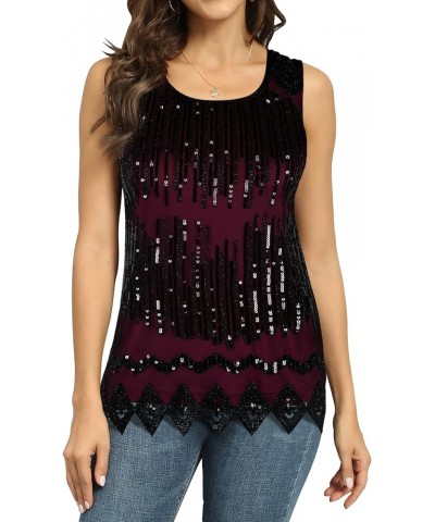 Women's Sequin Top Flowy Sparkly Cocktail Tank Party Dressy Tops Burgundy $25.64 Tanks