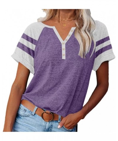 Women Henley Summer Tee Color Block Y2K Tops Button Down T-Shirts Raglan Short Sleeves Casual Tunic Purple $12.50 Tops