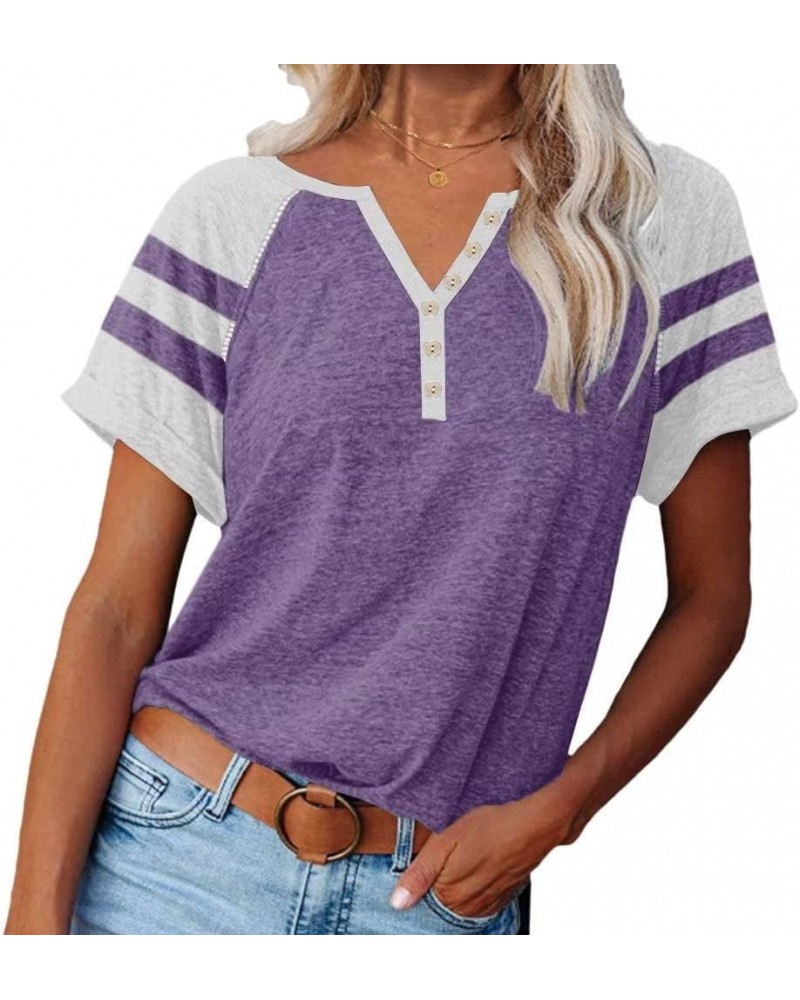 Women Henley Summer Tee Color Block Y2K Tops Button Down T-Shirts Raglan Short Sleeves Casual Tunic Purple $12.50 Tops