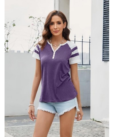 Women Henley Summer Tee Color Block Y2K Tops Button Down T-Shirts Raglan Short Sleeves Casual Tunic Purple $12.50 Tops