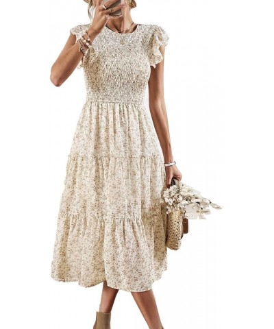 Women's Summer Casual Floral Midi Dress Boho Flutter Short Sleeve Smocked Elastic Waist Tiered A-Line Long Dress Beige $23.84...