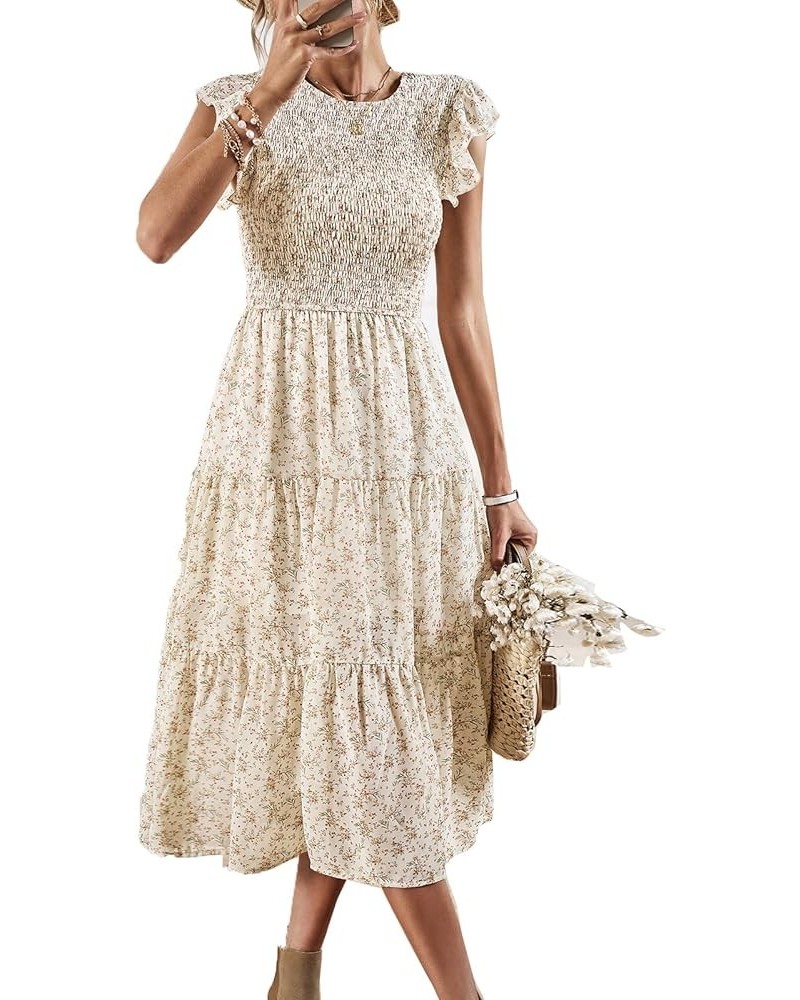 Women's Summer Casual Floral Midi Dress Boho Flutter Short Sleeve Smocked Elastic Waist Tiered A-Line Long Dress Beige $23.84...