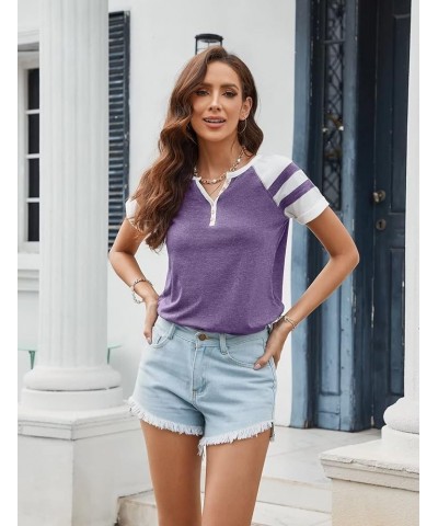 Women Henley Summer Tee Color Block Y2K Tops Button Down T-Shirts Raglan Short Sleeves Casual Tunic Purple $12.50 Tops