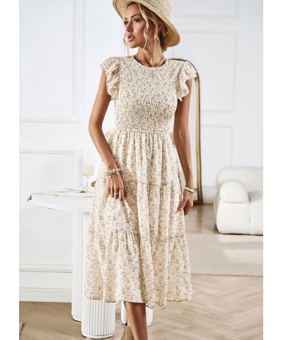 Women's Summer Casual Floral Midi Dress Boho Flutter Short Sleeve Smocked Elastic Waist Tiered A-Line Long Dress Beige $23.84...