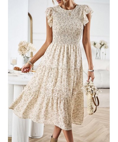 Women's Summer Casual Floral Midi Dress Boho Flutter Short Sleeve Smocked Elastic Waist Tiered A-Line Long Dress Beige $23.84...