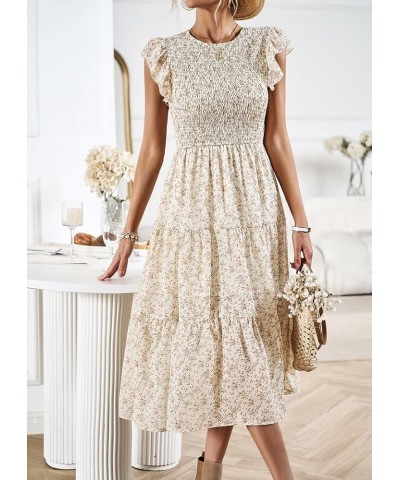 Women's Summer Casual Floral Midi Dress Boho Flutter Short Sleeve Smocked Elastic Waist Tiered A-Line Long Dress Beige $23.84...