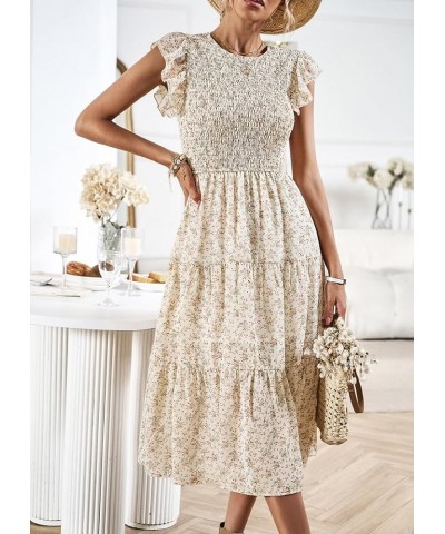 Women's Summer Casual Floral Midi Dress Boho Flutter Short Sleeve Smocked Elastic Waist Tiered A-Line Long Dress Beige $23.84...