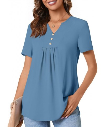 Womens Short Sleeve Summer Tunic Tops Dressy Chiffon Blouse Henley Shirts 2024 Casual Pullover Blue $10.81 Tops