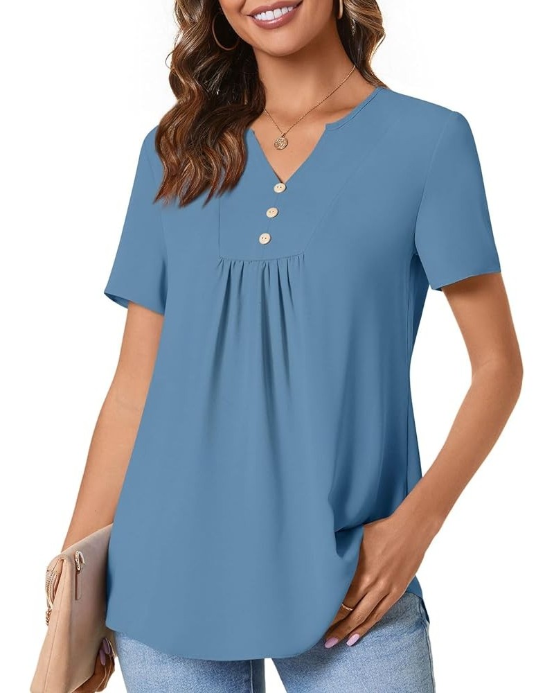 Womens Short Sleeve Summer Tunic Tops Dressy Chiffon Blouse Henley Shirts 2024 Casual Pullover Blue $10.81 Tops