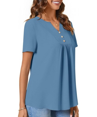 Womens Short Sleeve Summer Tunic Tops Dressy Chiffon Blouse Henley Shirts 2024 Casual Pullover Blue $10.81 Tops