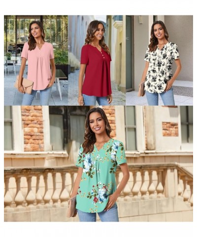 Womens Short Sleeve Summer Tunic Tops Dressy Chiffon Blouse Henley Shirts 2024 Casual Pullover Blue $10.81 Tops