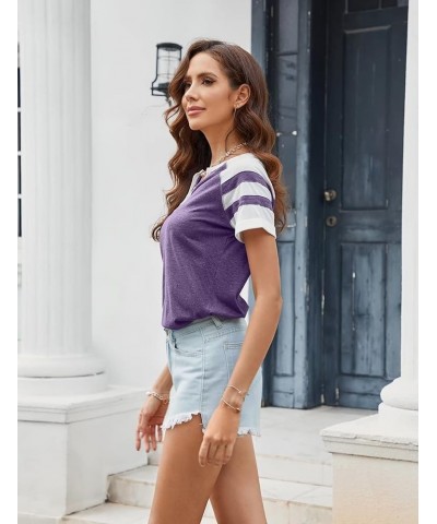 Women Henley Summer Tee Color Block Y2K Tops Button Down T-Shirts Raglan Short Sleeves Casual Tunic Purple $12.50 Tops