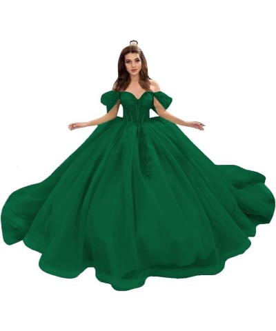 Lace Beaded Quinceanera Dresses Ball Gown Off Shoulder Tulle Sweet 15 16 Dresses Sweetheart Gowns for Women XY095 Emerald Gre...