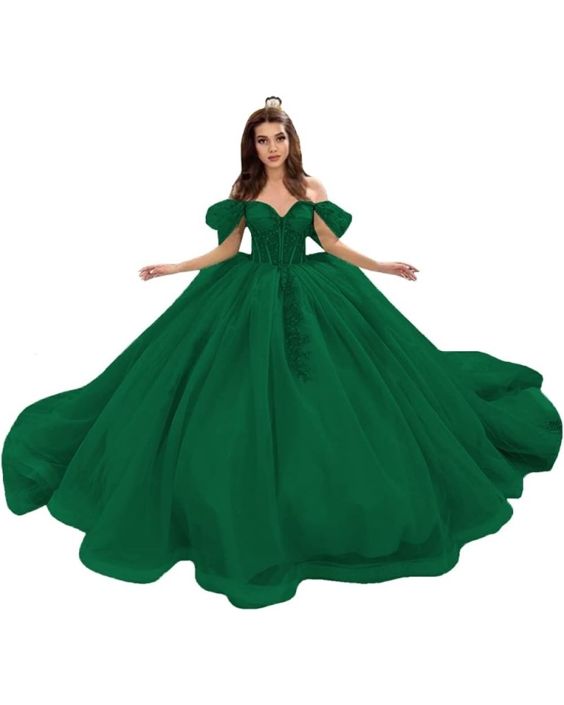 Lace Beaded Quinceanera Dresses Ball Gown Off Shoulder Tulle Sweet 15 16 Dresses Sweetheart Gowns for Women XY095 Emerald Gre...