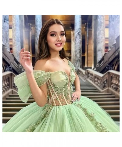 Lace Beaded Quinceanera Dresses Ball Gown Off Shoulder Tulle Sweet 15 16 Dresses Sweetheart Gowns for Women XY095 Emerald Gre...