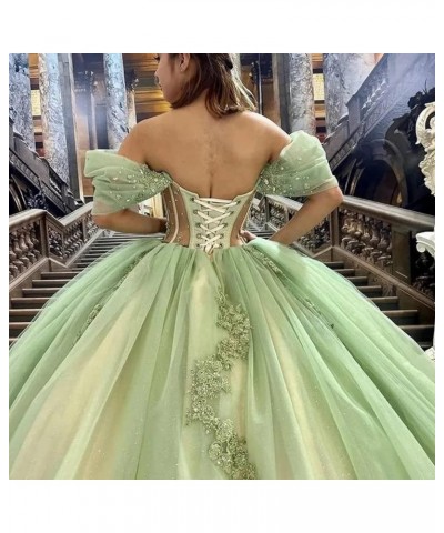 Lace Beaded Quinceanera Dresses Ball Gown Off Shoulder Tulle Sweet 15 16 Dresses Sweetheart Gowns for Women XY095 Emerald Gre...