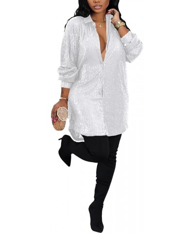 Women's Sequin Button Down Shirt Dress Long Sleeve Loose Fit Blouse Top Mini Dress Party Sexy Clubwear 3-white $23.00 Blouses