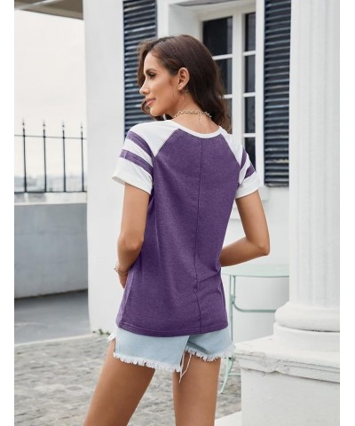 Women Henley Summer Tee Color Block Y2K Tops Button Down T-Shirts Raglan Short Sleeves Casual Tunic Purple $12.50 Tops