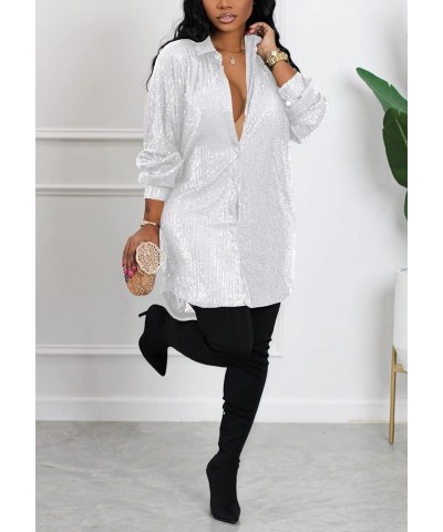 Women's Sequin Button Down Shirt Dress Long Sleeve Loose Fit Blouse Top Mini Dress Party Sexy Clubwear 3-white $23.00 Blouses