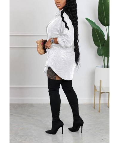 Women's Sequin Button Down Shirt Dress Long Sleeve Loose Fit Blouse Top Mini Dress Party Sexy Clubwear 3-white $23.00 Blouses