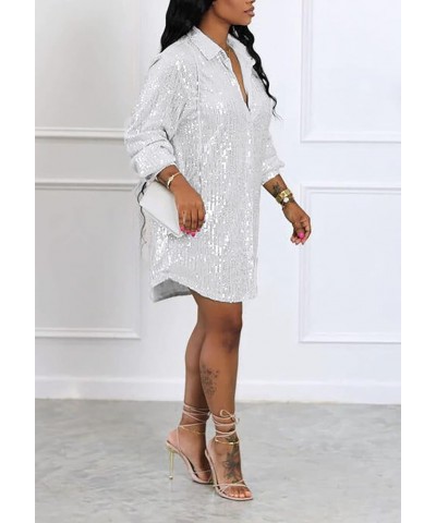 Women's Sequin Button Down Shirt Dress Long Sleeve Loose Fit Blouse Top Mini Dress Party Sexy Clubwear 3-white $23.00 Blouses