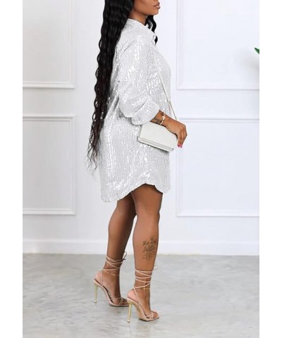 Women's Sequin Button Down Shirt Dress Long Sleeve Loose Fit Blouse Top Mini Dress Party Sexy Clubwear 3-white $23.00 Blouses