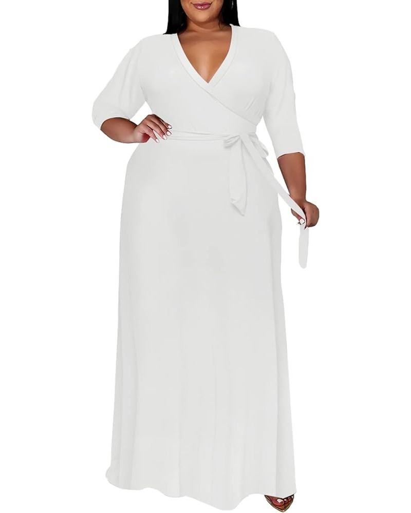 Plus Size Dresses for Women Floral Maxi Dress Flowy 3/4 Sleeve with Belt 12-white $21.10 Dresses