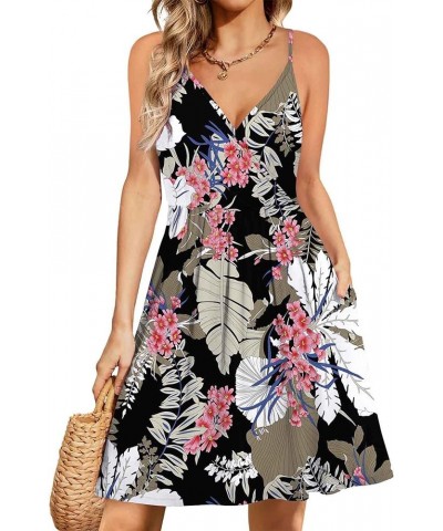 Women's 2024 Summer Dresses V Neck Spaghetti Strap Sundress Casual Beach Flowy Mini Dress with Pockets Leaf Pink $17.67 Swims...