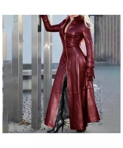 Long Leather Jacket for Womens Winter Slim Sexy Outerwear Lapel Zipper Overcoat Solid Vintage Trench Coat Red $16.65 Coats