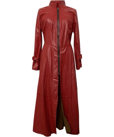 Long Leather Jacket for Womens Winter Slim Sexy Outerwear Lapel Zipper Overcoat Solid Vintage Trench Coat Red $16.65 Coats