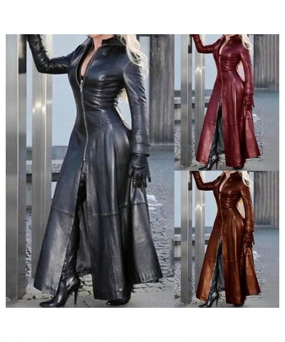 Long Leather Jacket for Womens Winter Slim Sexy Outerwear Lapel Zipper Overcoat Solid Vintage Trench Coat Red $16.65 Coats