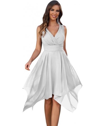 V Neck Chiffon Bridesmaid Dresses for Women Short A Line Pleated Formal Dress Wedding Guest Dress Silver $26.65 Dresses