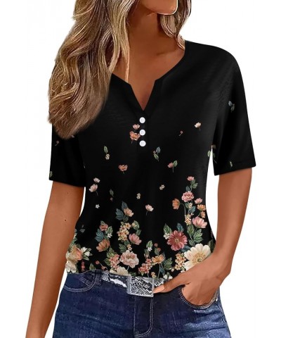 Short Sleeve Button Down Women Spring Ruched Tunic Shirts Henley Neck Workout Tops Short Sleeve Floral Summer Blouses A455-mu...