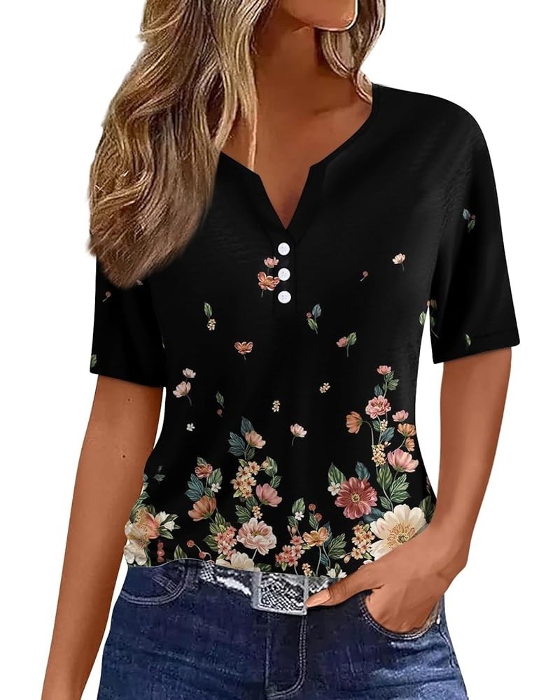 Short Sleeve Button Down Women Spring Ruched Tunic Shirts Henley Neck Workout Tops Short Sleeve Floral Summer Blouses A455-mu...