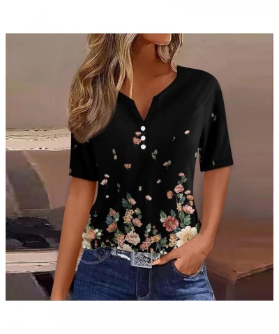 Short Sleeve Button Down Women Spring Ruched Tunic Shirts Henley Neck Workout Tops Short Sleeve Floral Summer Blouses A455-mu...