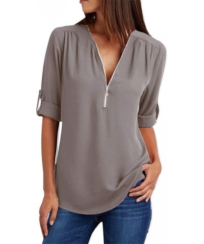 Woman Chiffon Blouse Roll Up Sleeve Chiffon Blouse Flowy Elegant Tunic Top Grey $11.72 Blouses