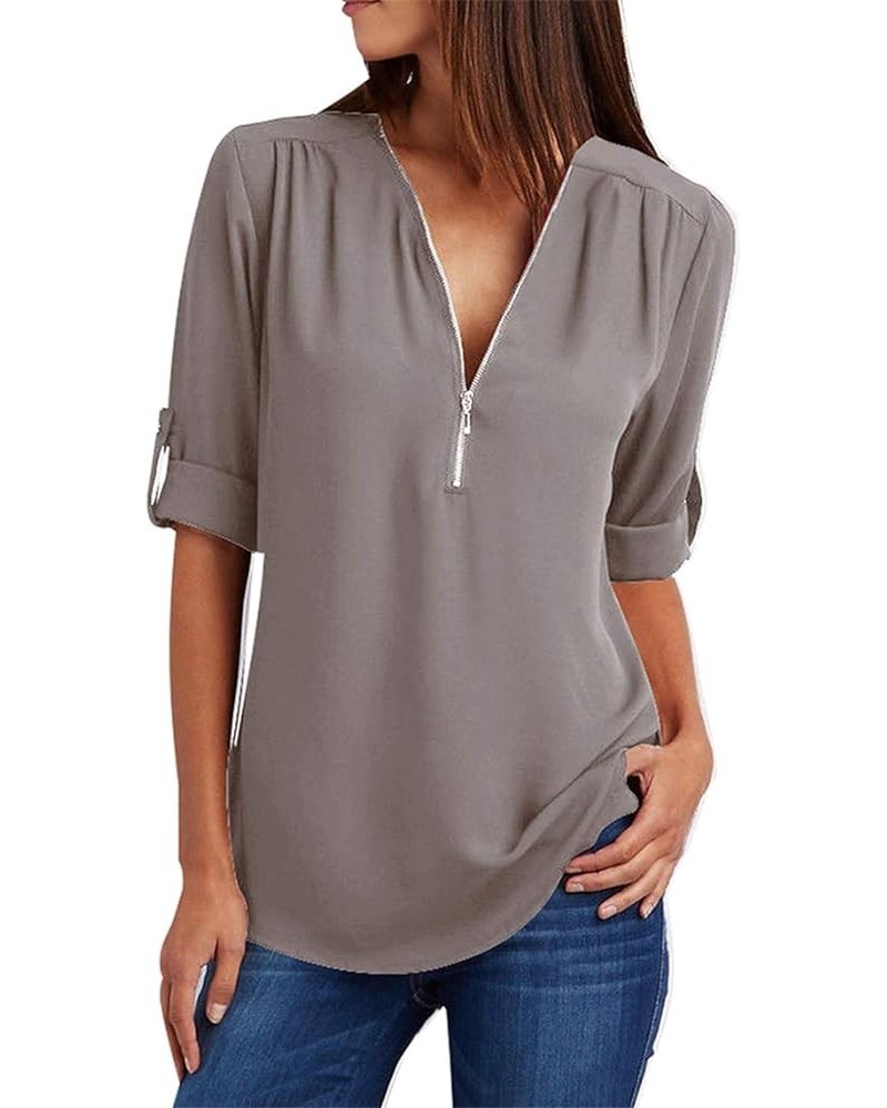 Woman Chiffon Blouse Roll Up Sleeve Chiffon Blouse Flowy Elegant Tunic Top Grey $11.72 Blouses