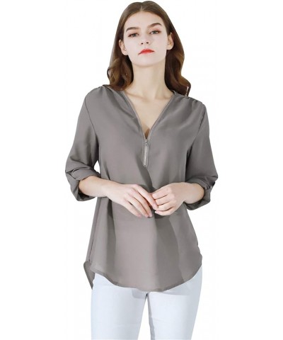 Woman Chiffon Blouse Roll Up Sleeve Chiffon Blouse Flowy Elegant Tunic Top Grey $11.72 Blouses