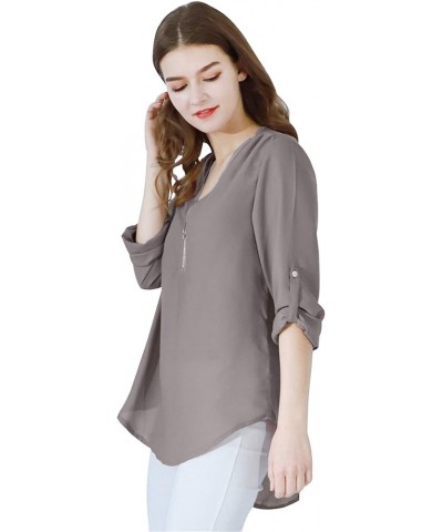 Woman Chiffon Blouse Roll Up Sleeve Chiffon Blouse Flowy Elegant Tunic Top Grey $11.72 Blouses