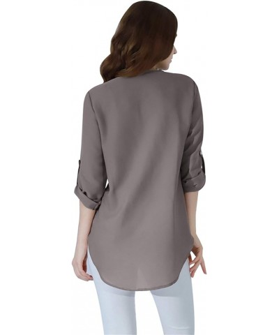 Woman Chiffon Blouse Roll Up Sleeve Chiffon Blouse Flowy Elegant Tunic Top Grey $11.72 Blouses