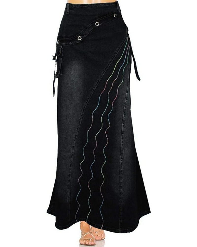 Women's Retro Full Length A-Line Fishtail Maxi Long Denim Jean Skirt Black $20.89 Skirts