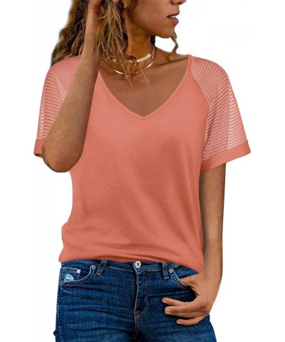 Casual V Neck T Shirts for Women Mesh Short Sleeve Dressy Tops Coral $16.79 T-Shirts