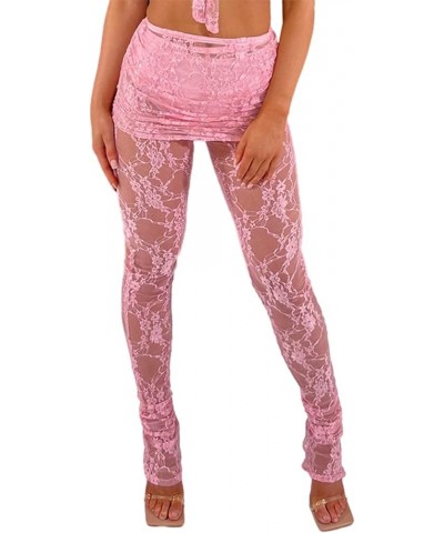 Women Y2K Lace See Through Pants Ruffle Layered Low Waist Tulle Pants Slim Fit Bell Bottom Flared Trousers C-pink Skinny $11....