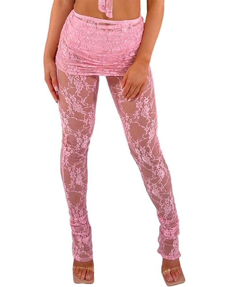 Women Y2K Lace See Through Pants Ruffle Layered Low Waist Tulle Pants Slim Fit Bell Bottom Flared Trousers C-pink Skinny $11....