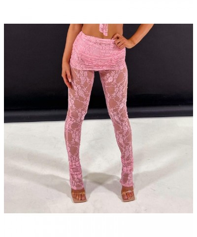 Women Y2K Lace See Through Pants Ruffle Layered Low Waist Tulle Pants Slim Fit Bell Bottom Flared Trousers C-pink Skinny $11....